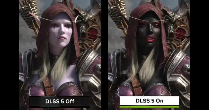 Sylvanas disneyficada en comparativa: piel lila con DLSS 5 apagado frente a piel oscura con DLSS 5 activado en cinemática de World of Warcraft.