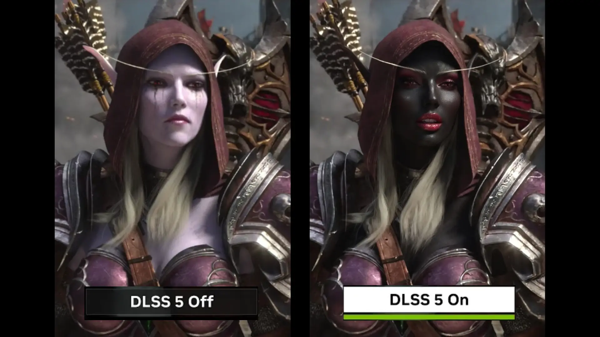 Sylvanas disneyficada en comparativa: piel lila con DLSS 5 apagado frente a piel oscura con DLSS 5 activado en cinemática de World of Warcraft.