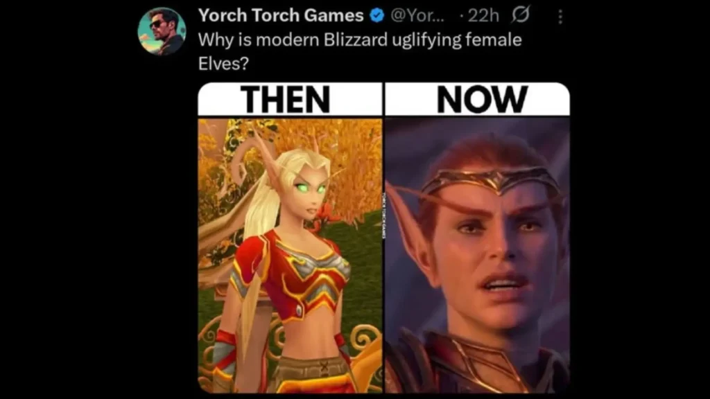 Tweet que ejemplifica el concepto de DisneyCraft comparando la elfa sangrienta de World of Warcraft antes y ahora: de estilizada y seductora a andrógina y seria.