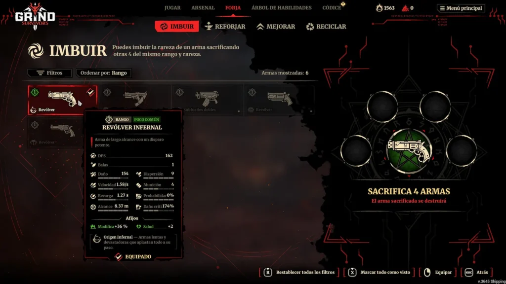 Menú de forja mostrando revólver infernal con estadísticas y sistema de sacrificio en Grind Survivors.