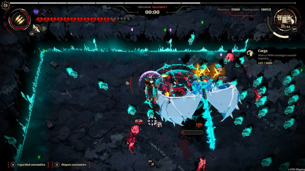 Combate contra jefe y hordas con efectos de hielo y números de daño flotantes en Grind Survivors.