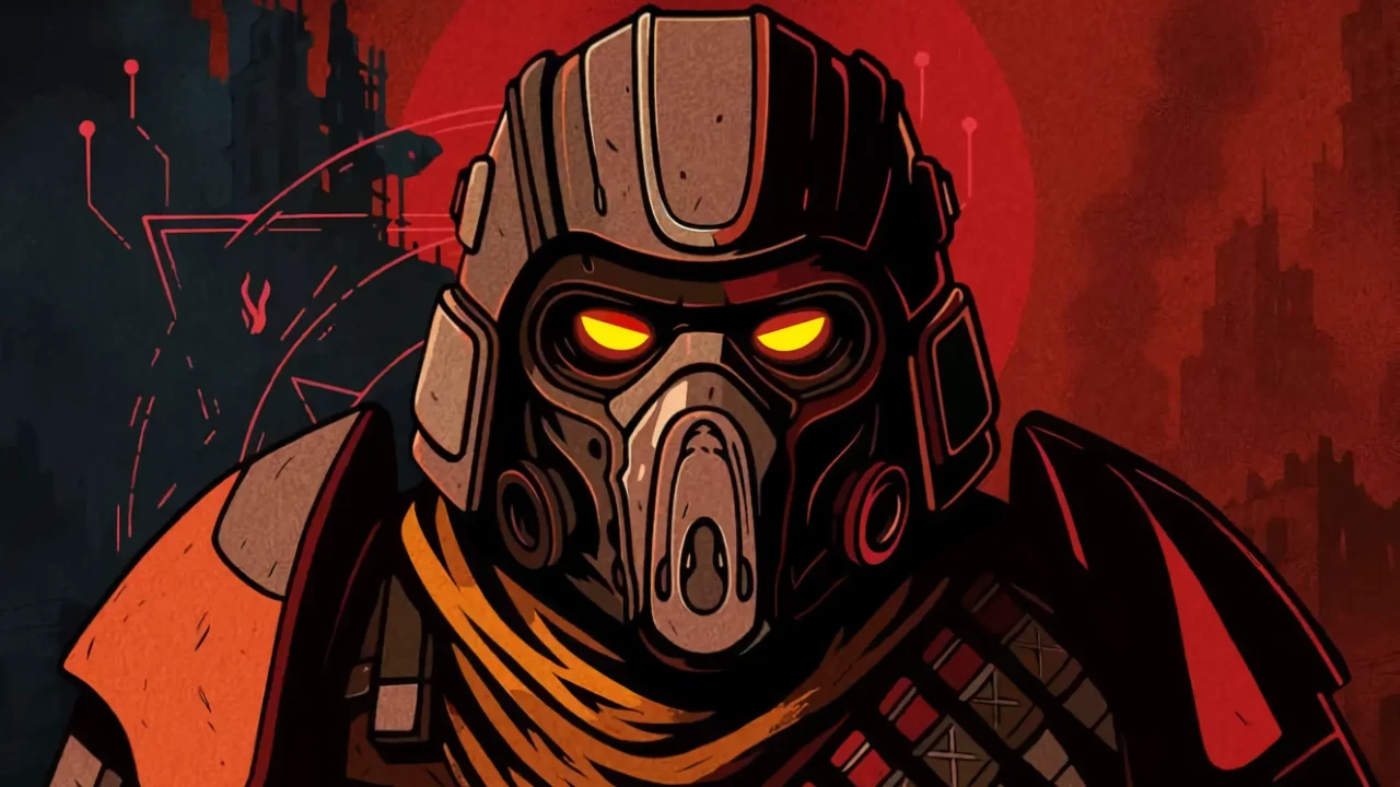 Arte conceptual de personaje con máscara antigás y ojos amarillos sobre fondo rojo en Grind Survivors.