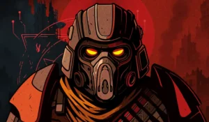 Arte conceptual de personaje con máscara antigás y ojos amarillos sobre fondo rojo en Grind Survivors.