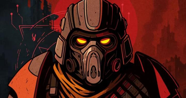 Arte conceptual de personaje con máscara antigás y ojos amarillos sobre fondo rojo en Grind Survivors.