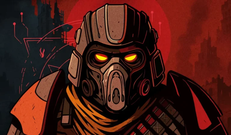 Arte conceptual de personaje con máscara antigás y ojos amarillos sobre fondo rojo en Grind Survivors.