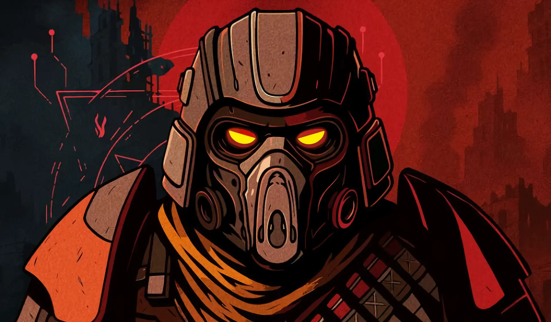 Arte conceptual de personaje con máscara antigás y ojos amarillos sobre fondo rojo en Grind Survivors.