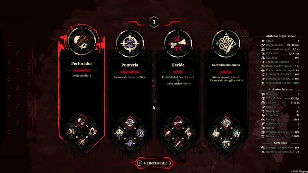 Árbol de habilidades con cuatro especializaciones: Perforador, Puntería, Herida y Sobredimensionado en Grind Survivors.