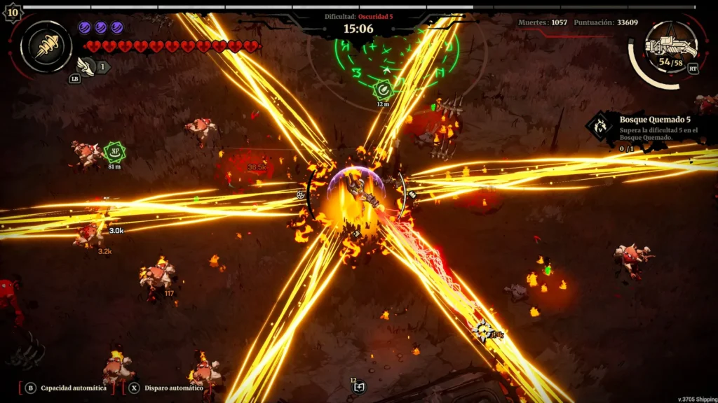 Explosión dorada masiva eliminando enemigos en bosque quemado durante desafío de dificultad 5 en Grind Survivors.