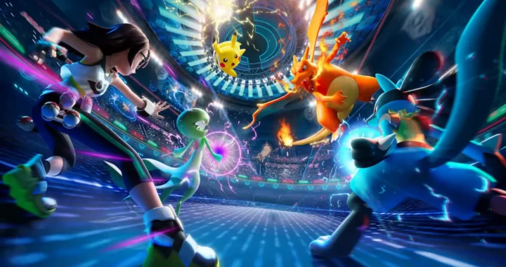 Entrenadora enfrentándose a Charizard, Pikachu y Swampert en un estadio de Pokémon Champions.