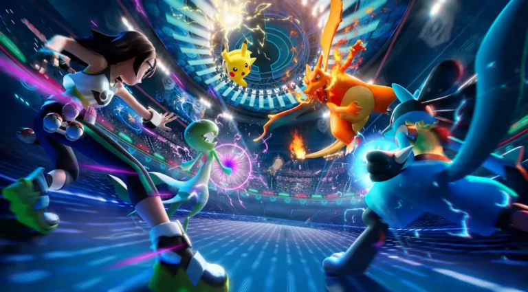 Entrenadora enfrentándose a Charizard, Pikachu y Swampert en un estadio de Pokémon Champions.