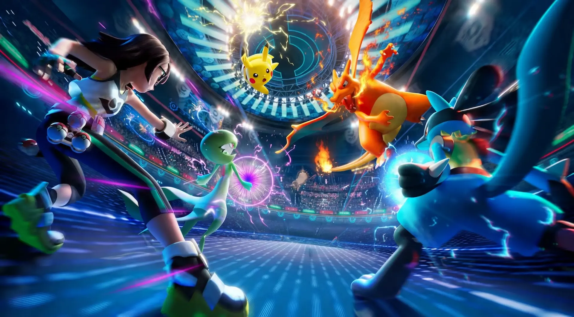 Entrenadora enfrentándose a Charizard, Pikachu y Swampert en un estadio de Pokémon Champions.