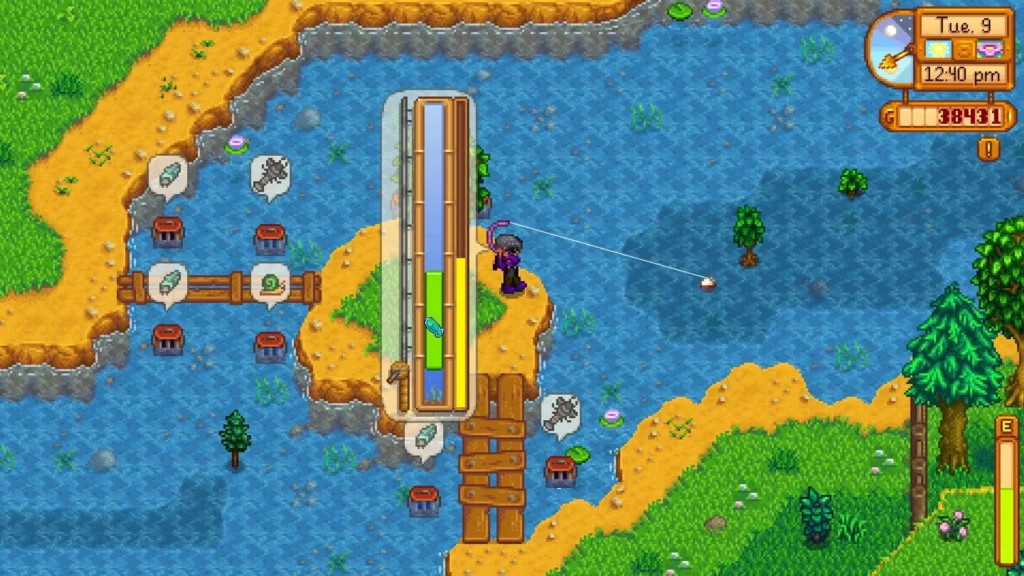Minijuego de pesca de Stardew Valley con la barra de tensión activa mientras el personaje lanza el sedal.