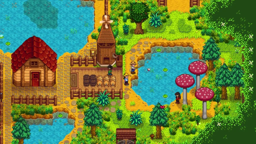 Granjero pescando junto a un estanque con setas gigantes y una cabaña rural en Stardew Valley.