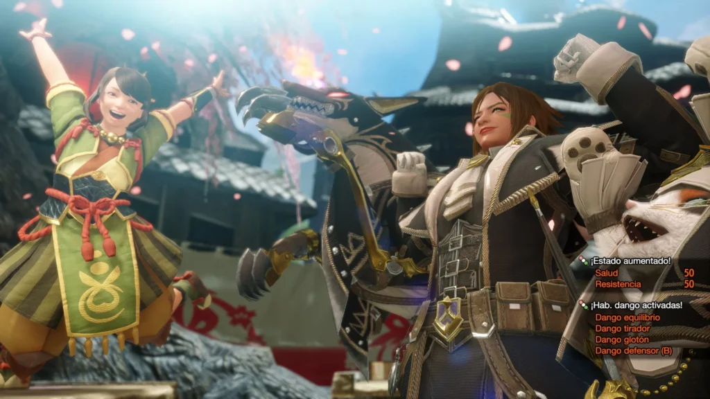 Celebrando una mejora de atributos tras comer en Monster Hunter Rise. La del puesto de comida celebra de forma especialmente efusiva mientras mi personaje marca músculo. En escena se ve un perro y un gato celebrando.