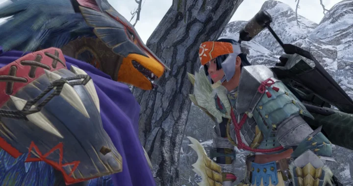 El personaje celebra con su palamute la victoria en la cacería de Monster Hunter Rise. Van vestidos con elementos de armaduras samurais.