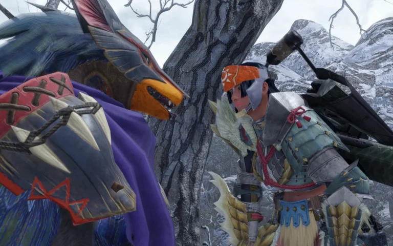 El personaje celebra con su palamute la victoria en la cacería de Monster Hunter Rise. Van vestidos con elementos de armaduras samurais.