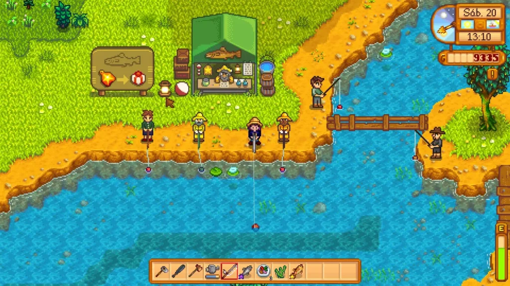 Día de pesca en Stardew Valley. El granjero está pescando truchas arcoíris al lado de dos señores vestidos de capitán Pescanova.