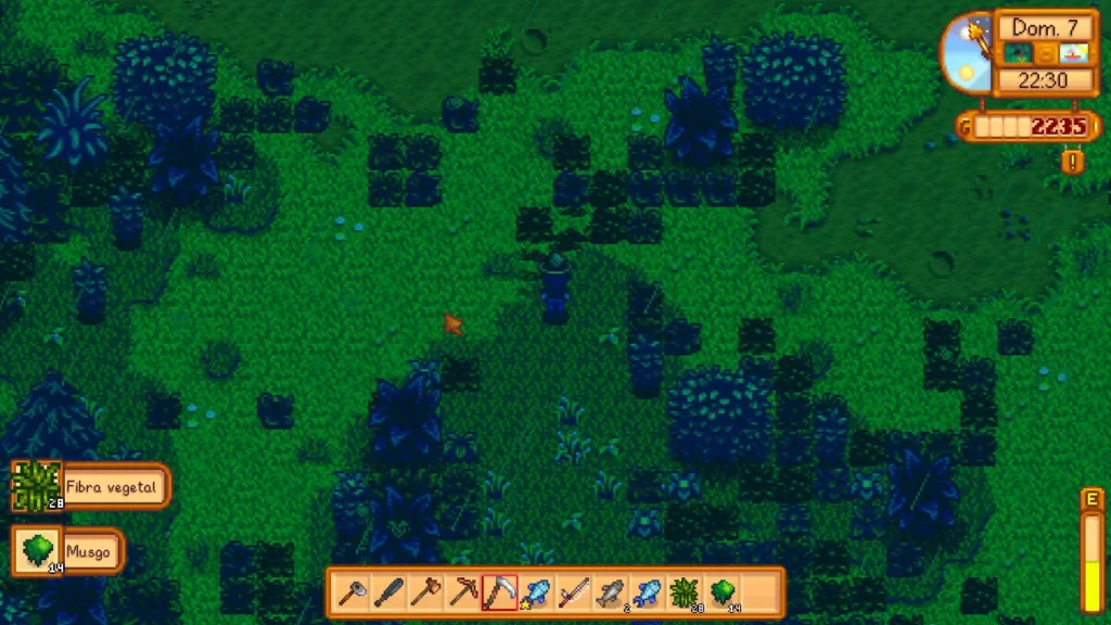 Día de Lluvia Verde en Stardew Valley. Todo parece muy verde. La granjera está recogiendo fibra vegetal y musgo.