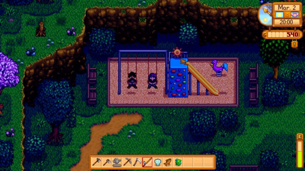 Dos personajes granjeros de Stardew Valley se columpian juntos en el parque al lado del Centro Cívico