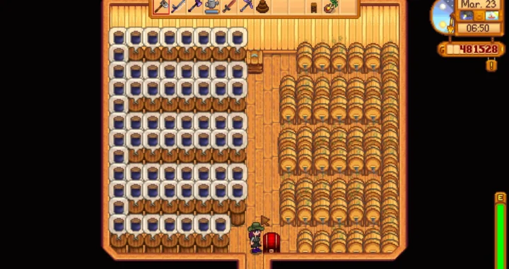Cobertizo lleno de barriles como forma de obtener mayores beneficios en Stardew Valley.