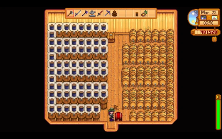 Cobertizo lleno de barriles como forma de obtener mayores beneficios en Stardew Valley.