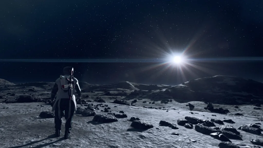 Astronauta de Starfield de espaldas explorando un planeta rocoso y desolado bajo la luz de una estrella distante.