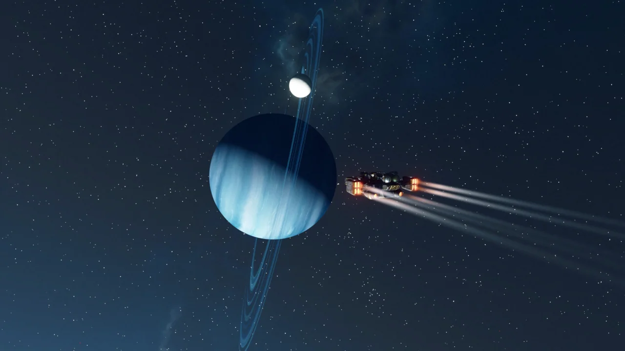 Nave espacial de Starfield surcando el espacio junto a un planeta azul con anillos y una luna en órbita.