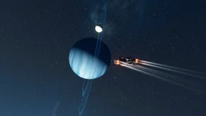 Nave espacial de Starfield surcando el espacio junto a un planeta azul con anillos y una luna en órbita.