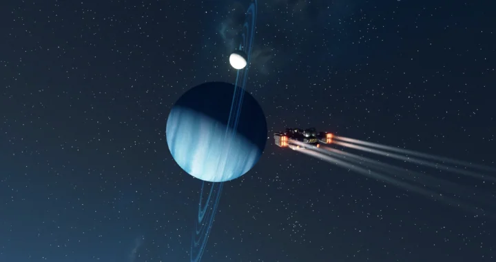 Nave espacial de Starfield surcando el espacio junto a un planeta azul con anillos y una luna en órbita.