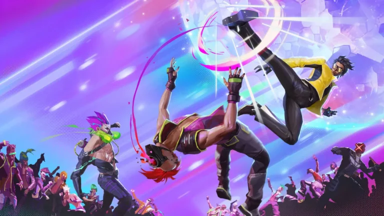 Arte promocional de Dead as Disco con Charlie Disco lanzando una patada voladora sobre una multitud bajo una bola de discoteca.