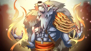 Arte oficial de Nordic Ashes: Twilight of Yggdrasil con un guerrero lobo nórdico rodeado de llamas y armadura escamada.