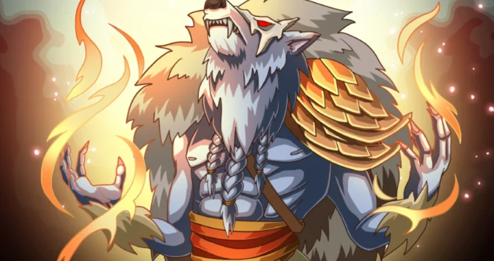 Arte oficial de Nordic Ashes: Twilight of Yggdrasil con un guerrero lobo nórdico rodeado de llamas y armadura escamada.