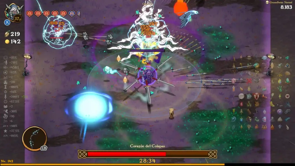 Combate contra el jefe Corazón del Colapso en el reino Groundheim de Nordic Ashes: Twilight of Yggdrasil.