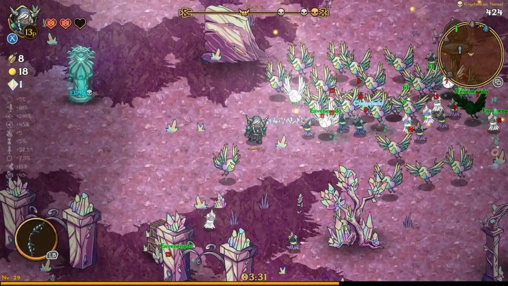 Oleada de enemigos con cristales en el reino Krystalheim del survivor like Nordic Ashes: Twilight of Yggdrasil.