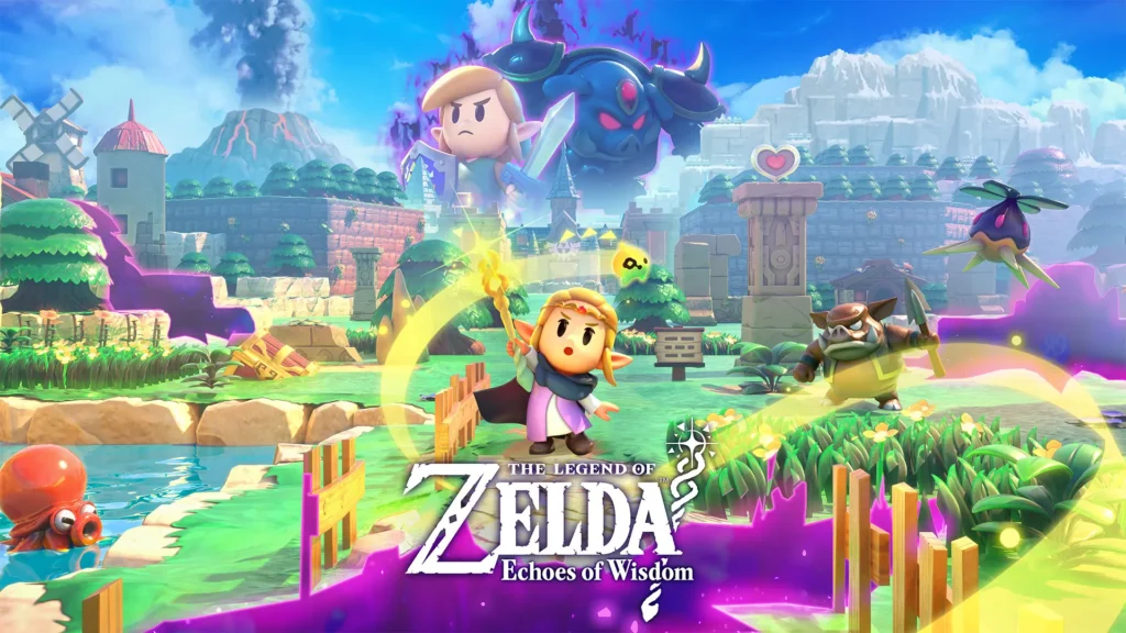 Portada de Echoes of Wisdom con la princesa Zelda como protagonista enfrentando enemigos en Hyrule.