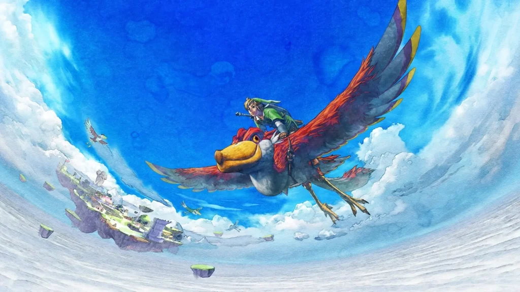 Link montado en su pájaro Loftwing sobrevolando las islas del cielo en Skyward Sword, el primero en la cronología de Zelda
