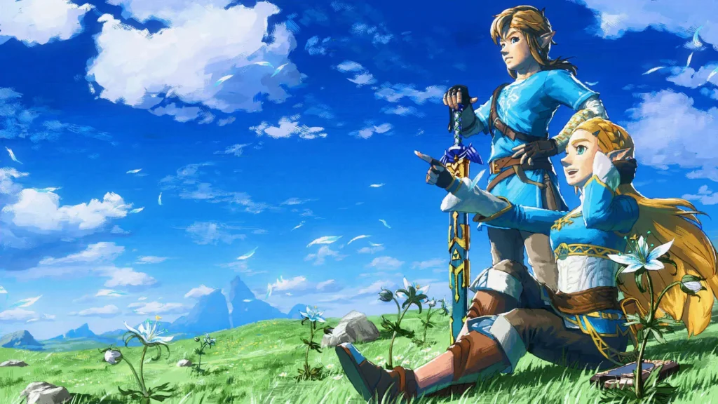 Link y Zelda contemplando el horizonte de Hyrule en el arte oficial de Breath of the Wild.