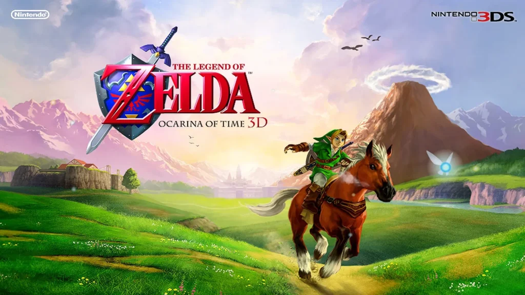 Portada de Ocarina of Time 3D para Nintendo 3DS con Link a caballo frente al logo del juego y los campos de Hyrule.