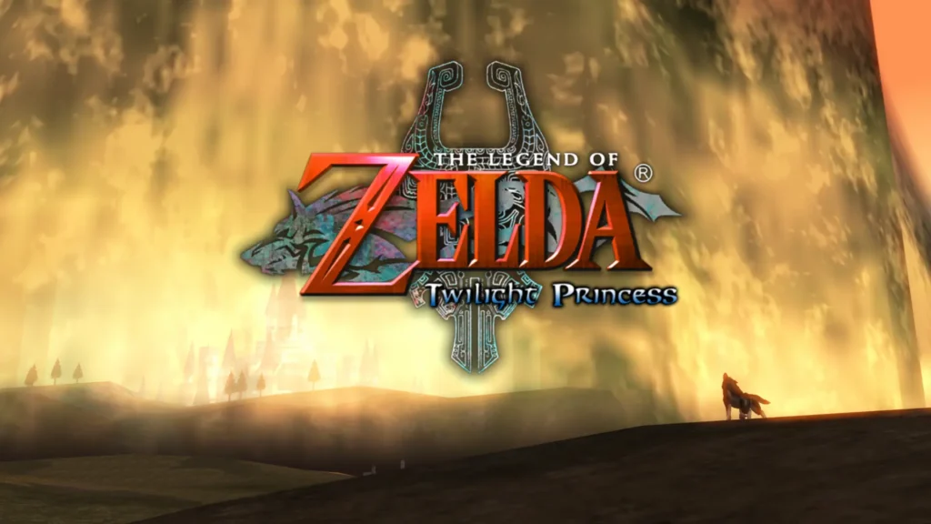 Pantalla de título de Twilight Princess con Link en forma de lobo ante una barrera dorada de luz.