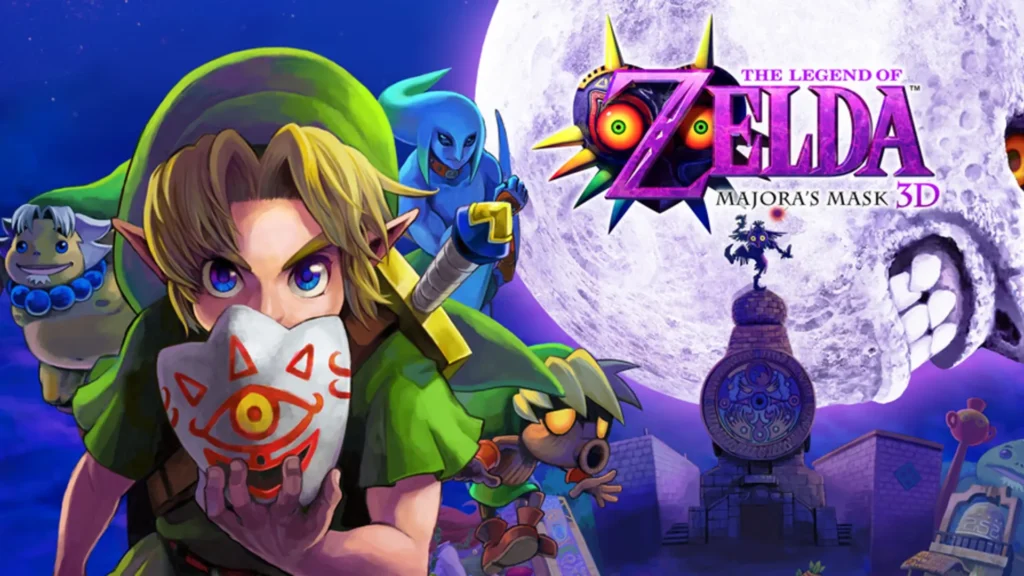 Portada de Majora's Mask 3D con Link sujetando la máscara de Skull Kid bajo una luna amenazante.