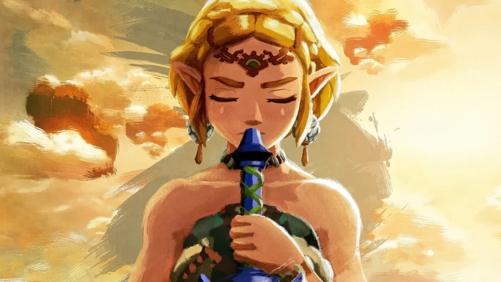 La princesa Zelda de Tears of the Kingdom tocando una ocarina con los ojos cerrados entre nubes doradas.