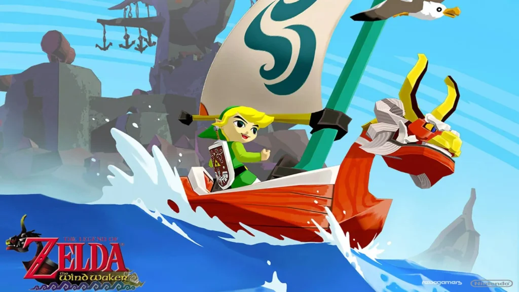 Link a bordo del Rey de los Leones Rojos surcando el mar de The Wind Waker bajo un cielo azul.
