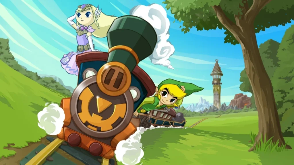 Link y Zelda viajando juntos en una locomotora a vapor a través de los verdes prados de Spirit Tracks.

