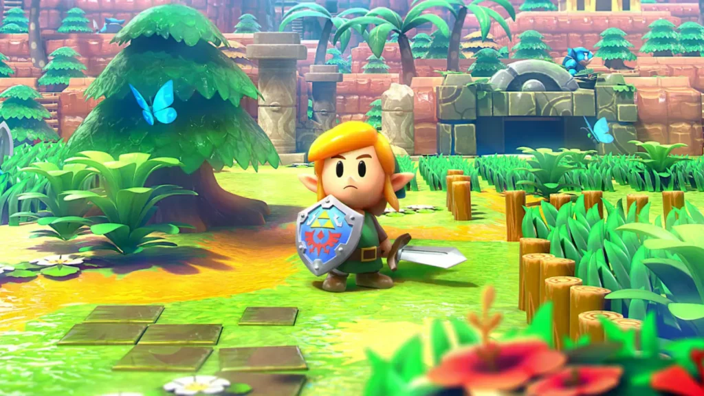 Link chibi con escudo y espada en un escenario colorido de Link's Awakening para Nintendo Switch.
