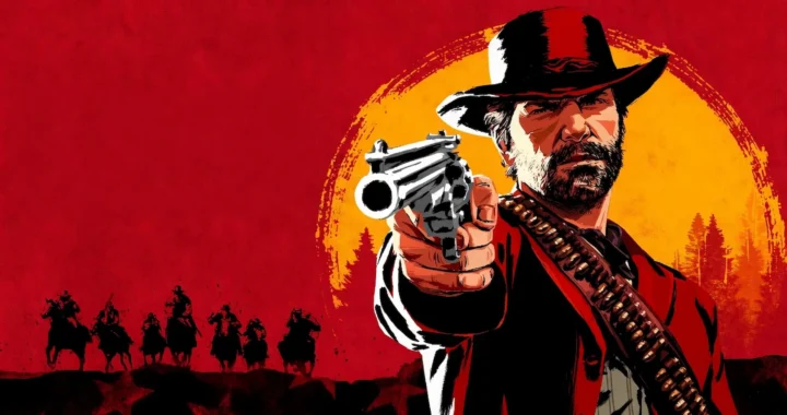 Arte oficial de Red Dead Redemption 2 con Arthur Morgan apuntando al frente ante un sol rojo y su banda al fondo.