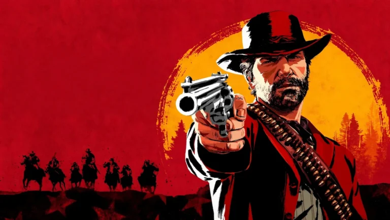 Arte oficial de Red Dead Redemption 2 con Arthur Morgan apuntando al frente ante un sol rojo y su banda al fondo.