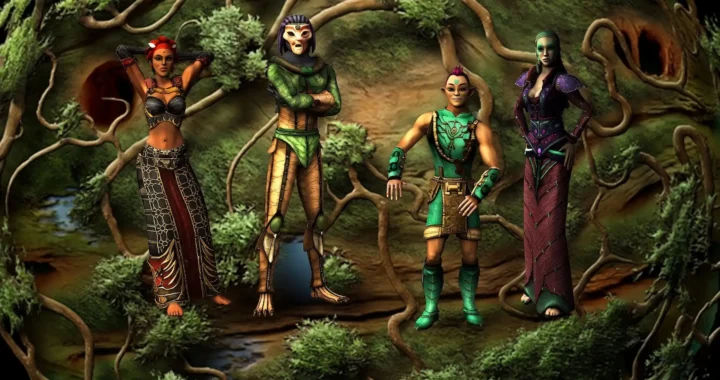 Cuatro personajes de Ryzom posando ante las raíces orgánicas del planeta Atys, representando las razas Homins del juego.