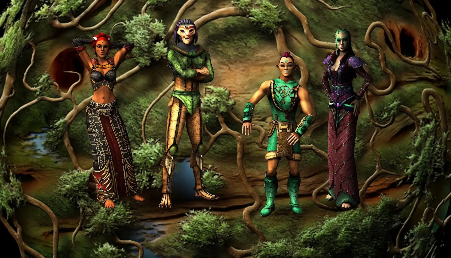 Cuatro personajes de Ryzom posando ante las raíces orgánicas del planeta Atys, representando las razas Homins del juego.