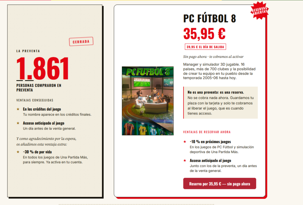 Web oficial de PC Fútbol 8 mostrando el precio de reserva a 35,95 € y ventajas para compradores.
