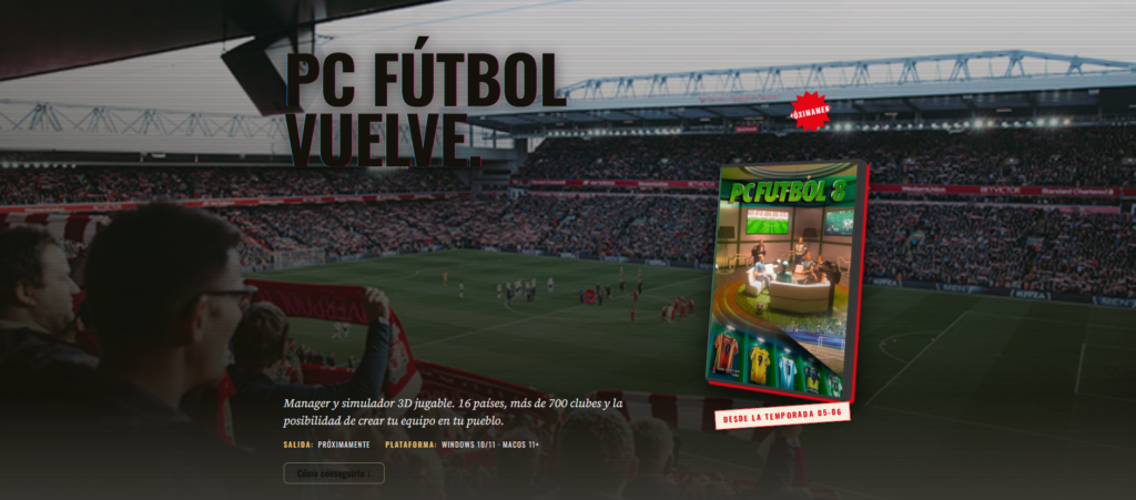Pantalla de inicio de PC Fútbol 8 con la portada del juego sobre un estadio lleno de aficionados.